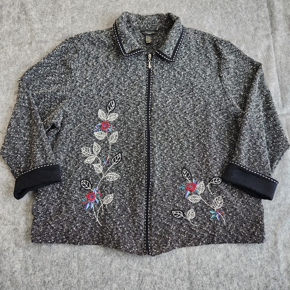 T & Company Vintage Embroidered Zip Up Cardigan Women's 2X Gray Pocket Flip Cuff